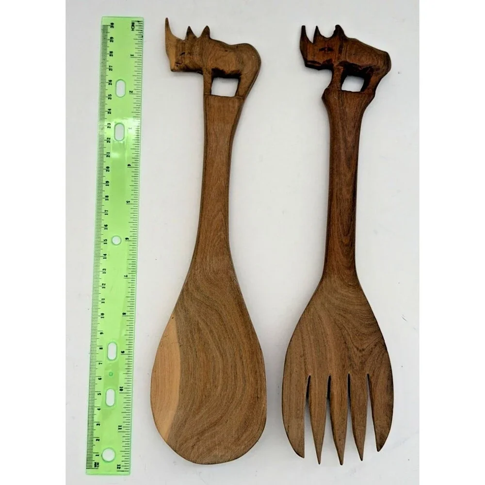Vintage Hand Carved African Wood Rhinoceros Salad Server Set Black & White Rhino